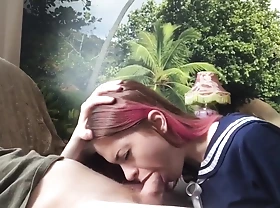 pink-haired schoolgirl amazing blowjob takes the sperm unaffected by the face